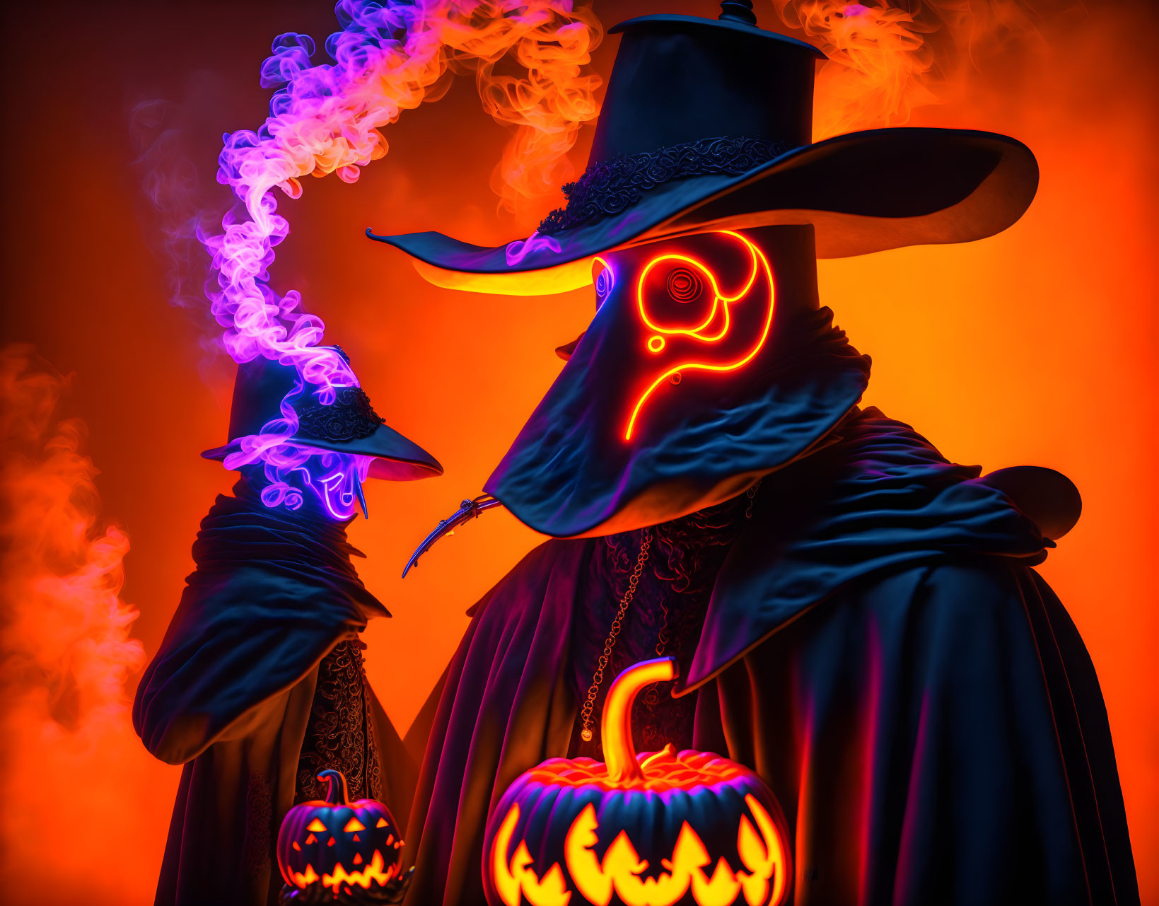 Mysterious plague doctor costumes with neon masks and smoking pumpkins on orange backdrop