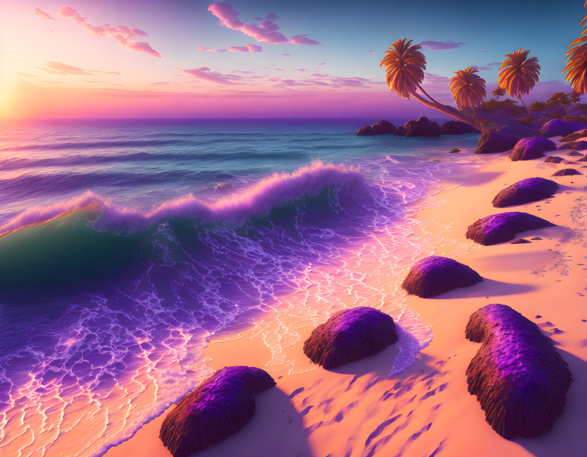 Vibrant sunset on purple beach with rocks and palm trees against colorful sky