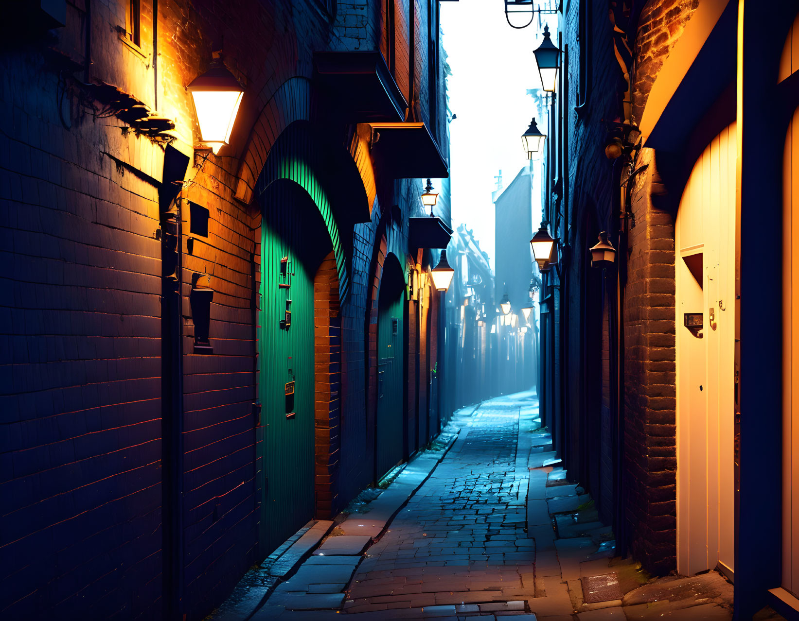 Narrow cobblestone alley with blue brick walls and vintage lanterns