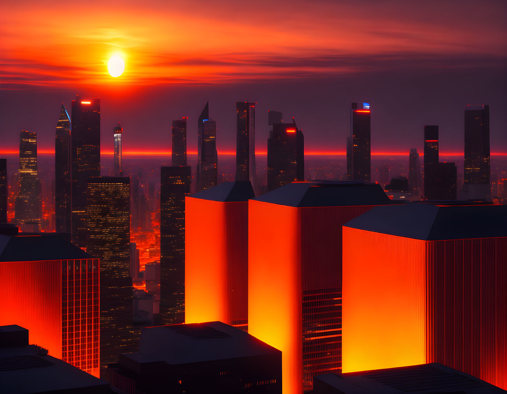 City skyline silhouette under red-orange sunset sky