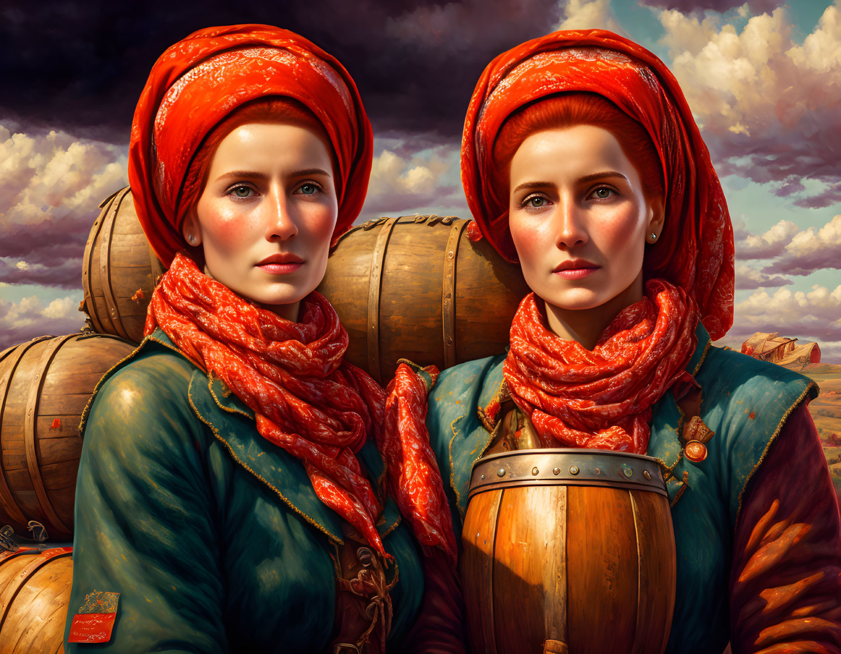 Twin women in red headscarves and green coats by wooden barrels under cloudy sky