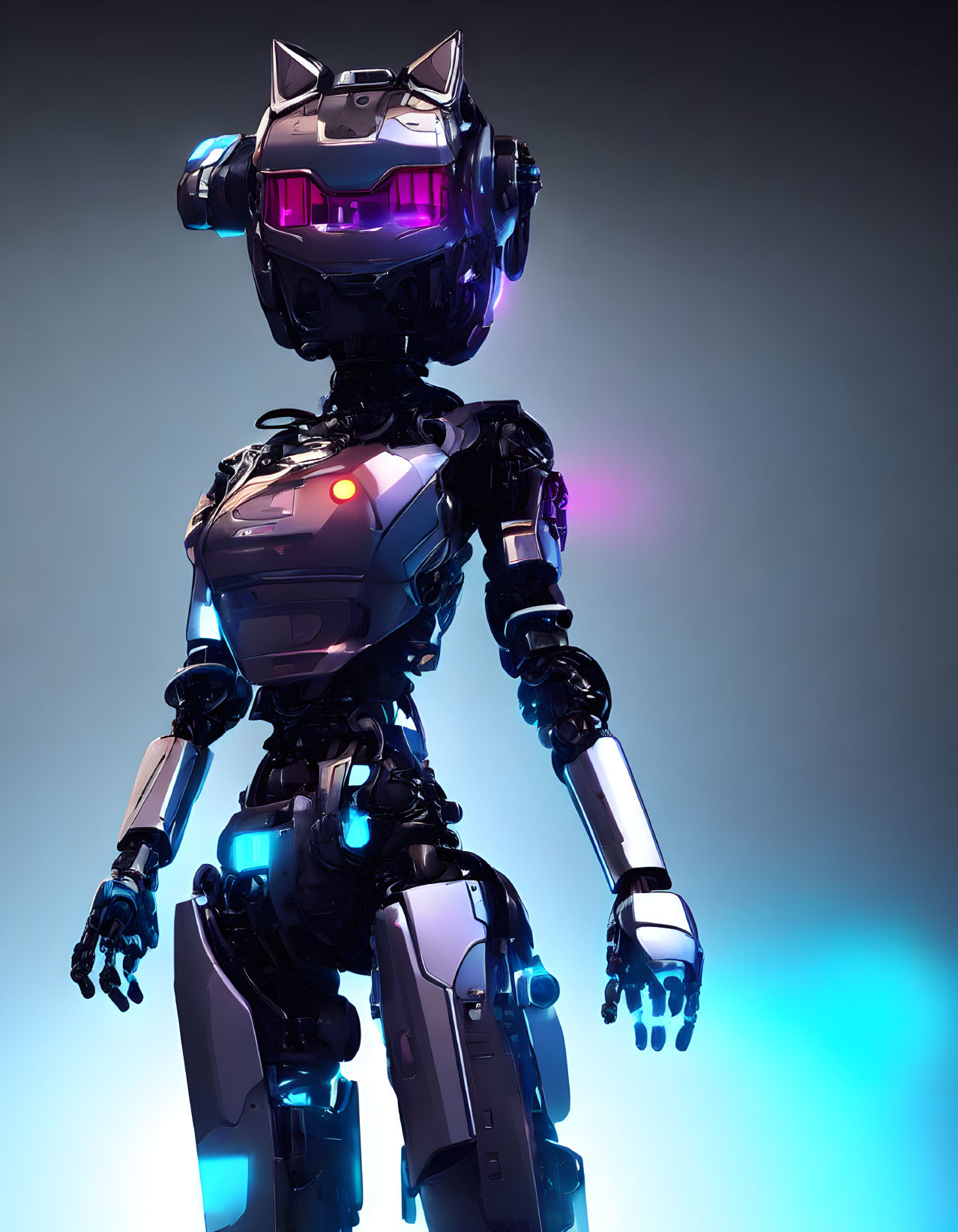 Futuristic humanoid robot with metallic body and blue-purple lights