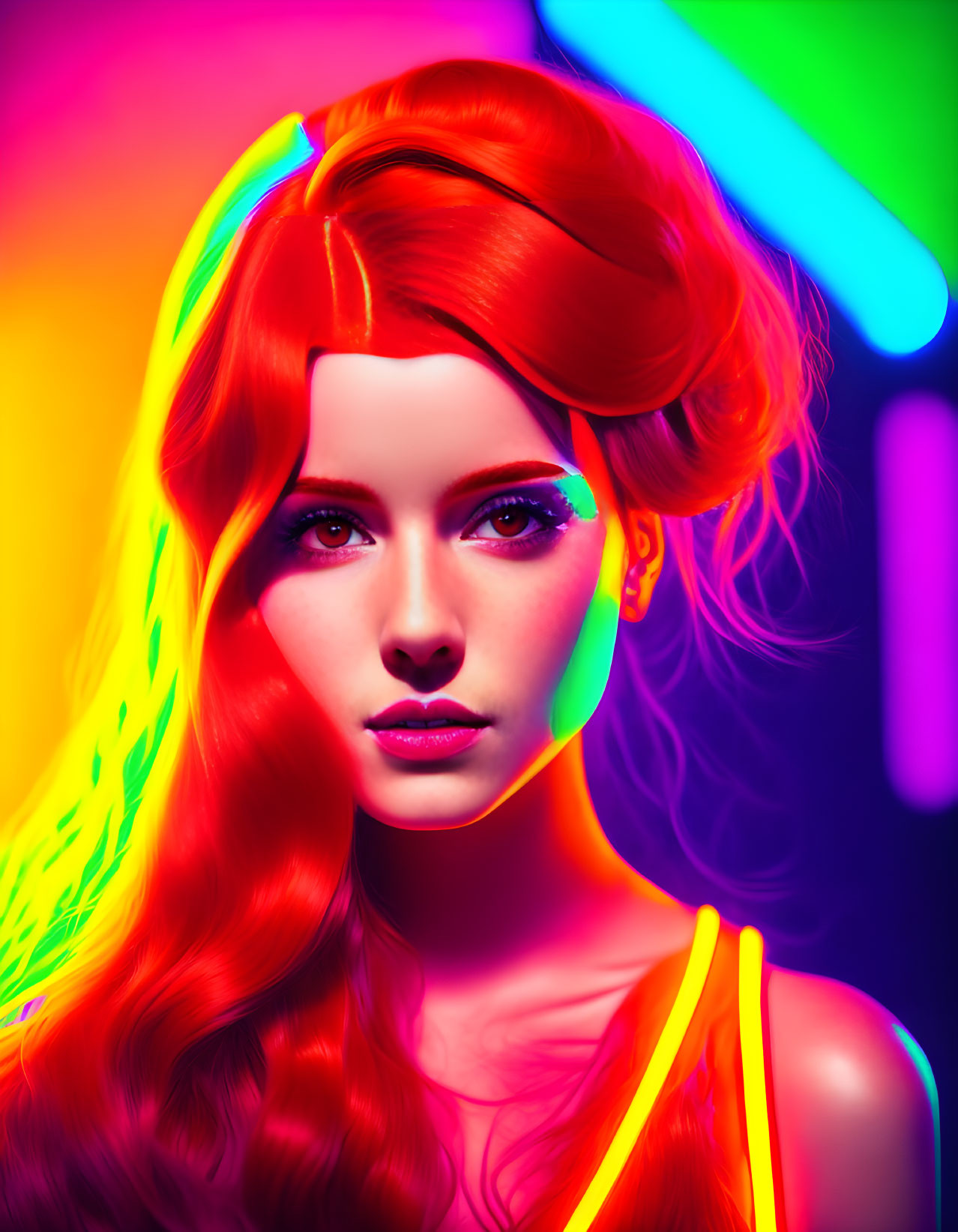 Vibrant neon-lit portrait of woman with red hair in pink, blue, yellow backdrop