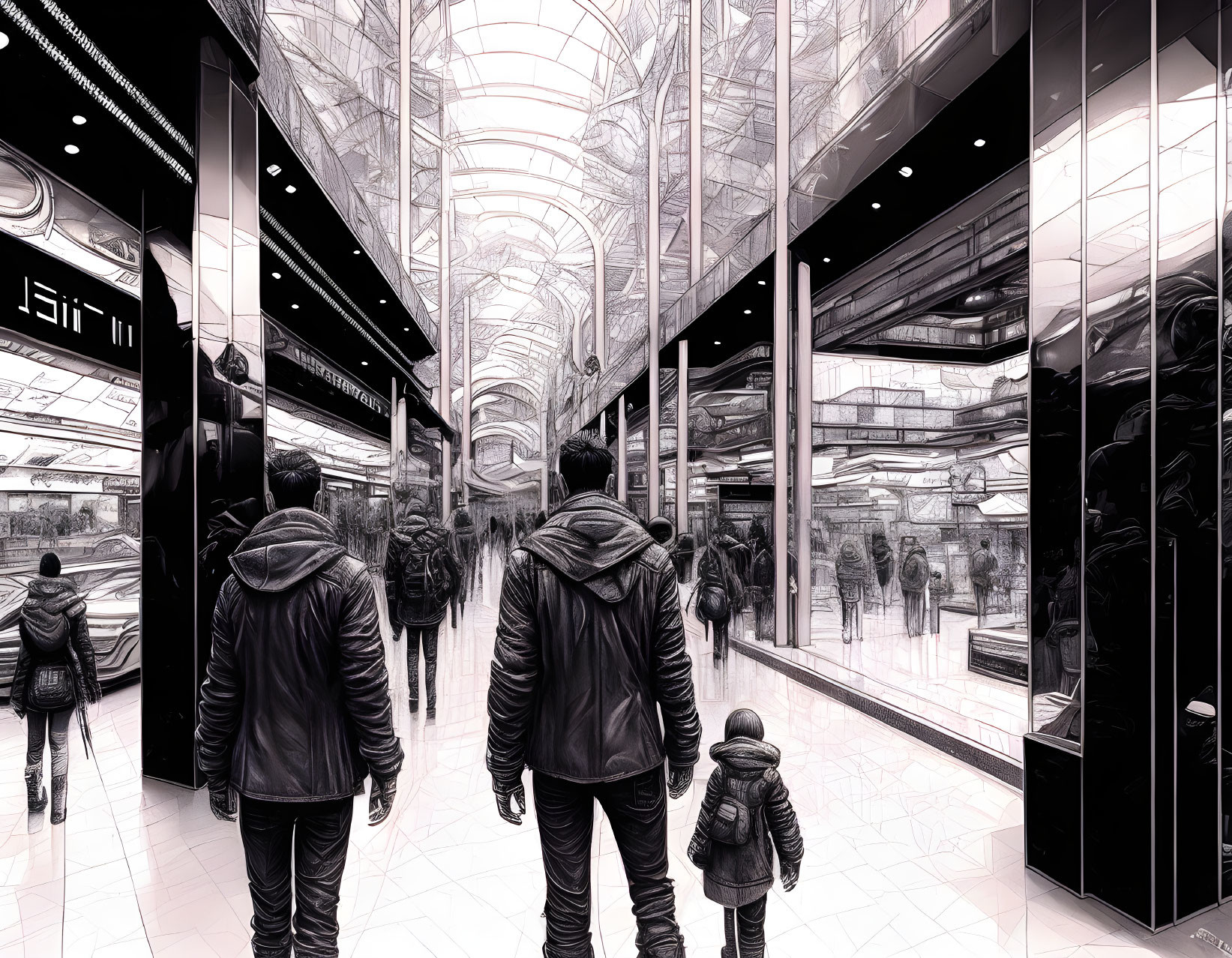 Monochrome urban scene with people in glass-covered arcade.