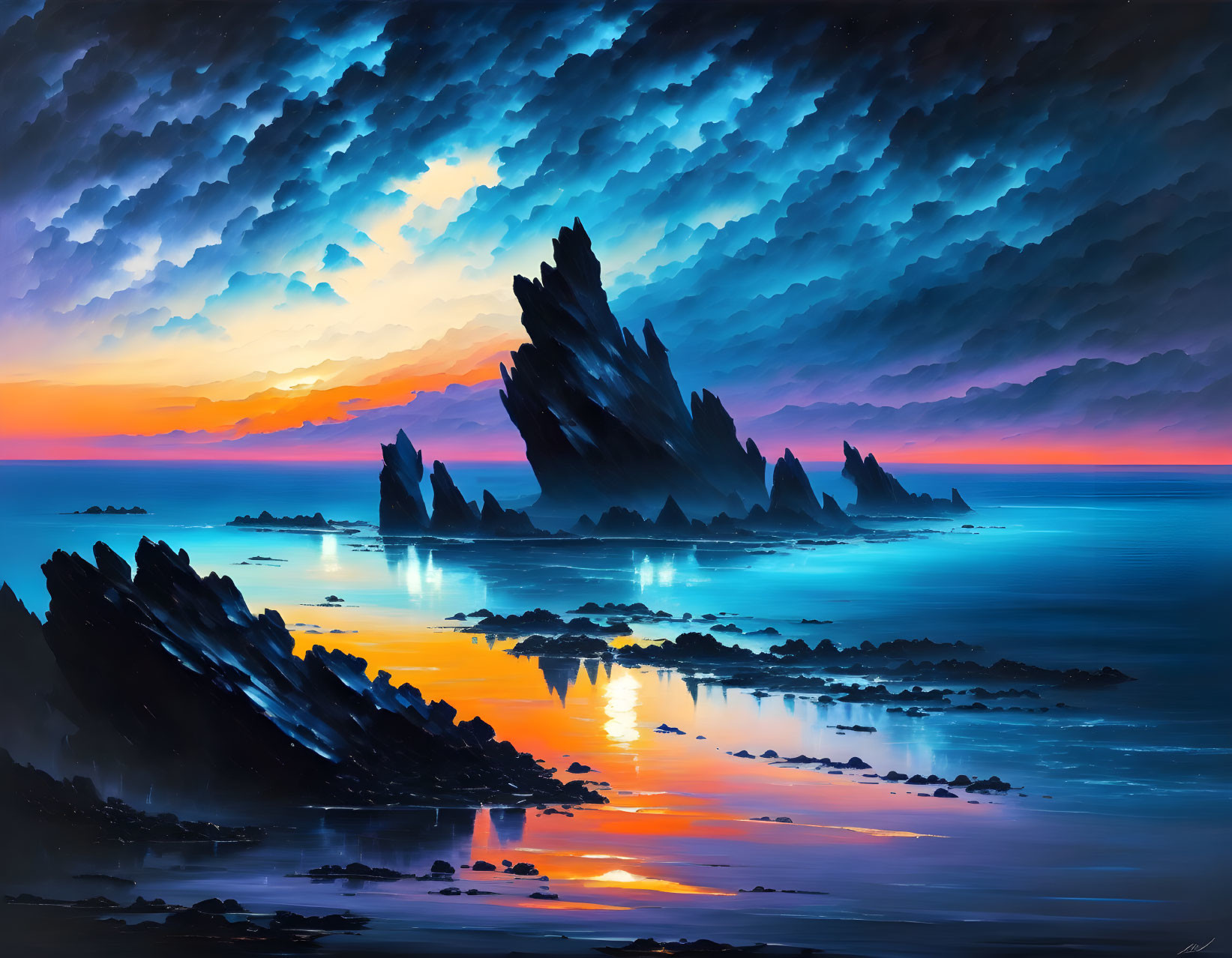 Colorful seascape with blue to orange hues, dramatic rock formations, and dynamic sky.