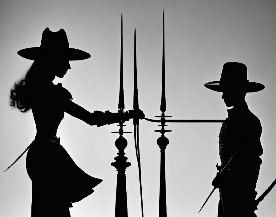 Silhouetted man and woman in hats crossing swords with dramatic shadow effect