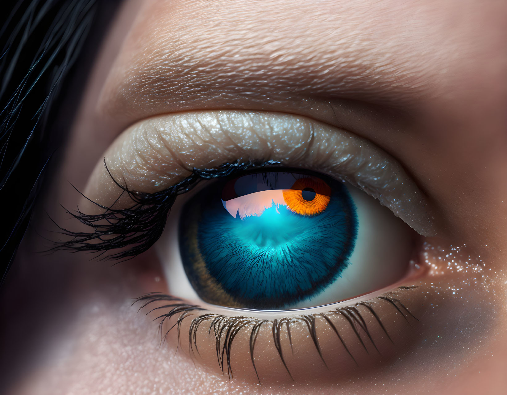 Detailed Close-Up of Human Eye with Vibrant Blue Iris and Reflections of White Cliffs