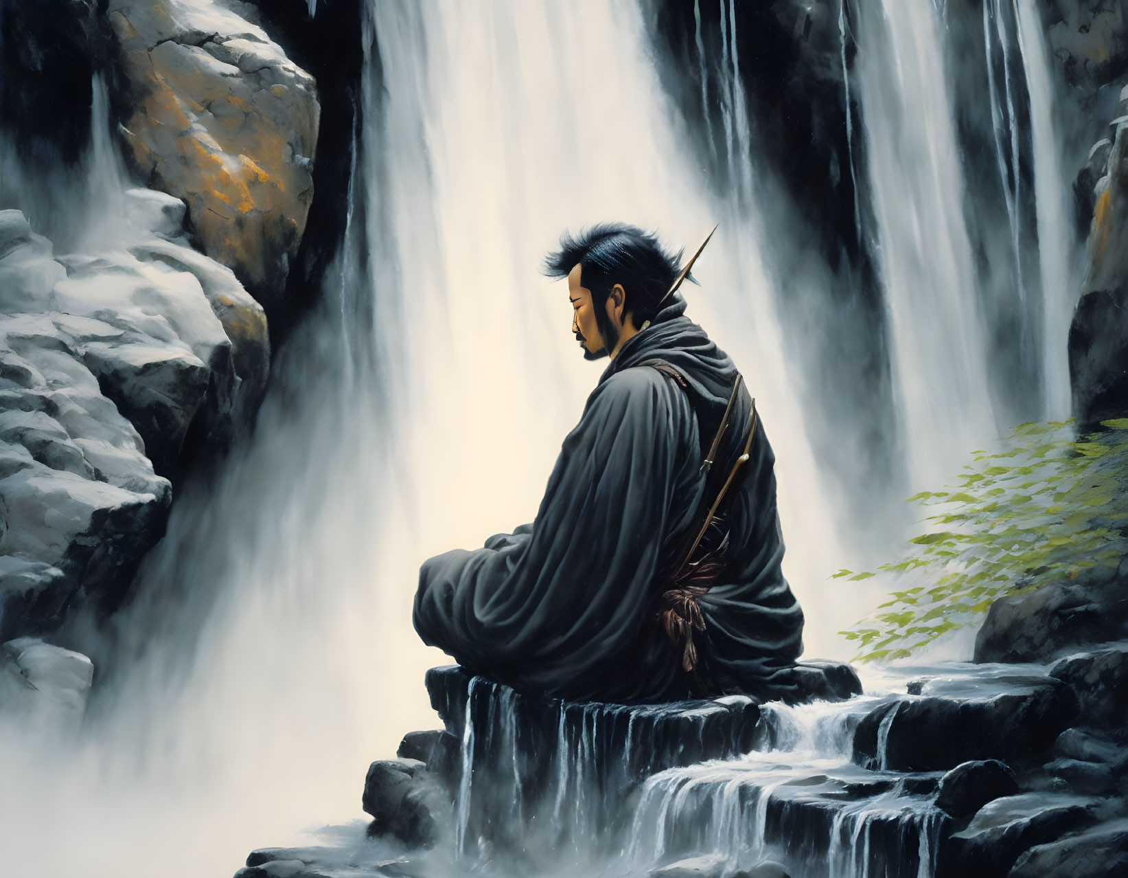 Warrior meditating by serene waterfall in lush scenery