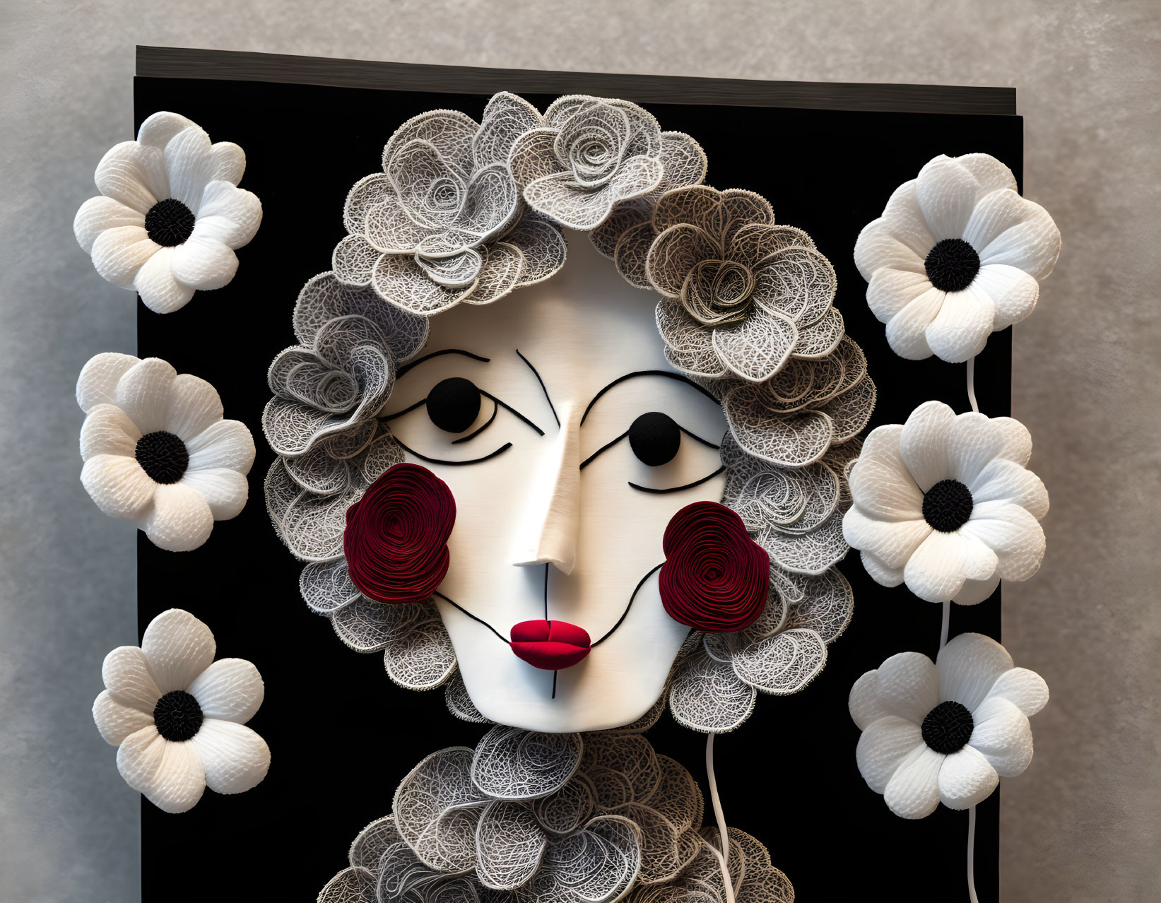 Feminine face with paper flower hair in elegant frame