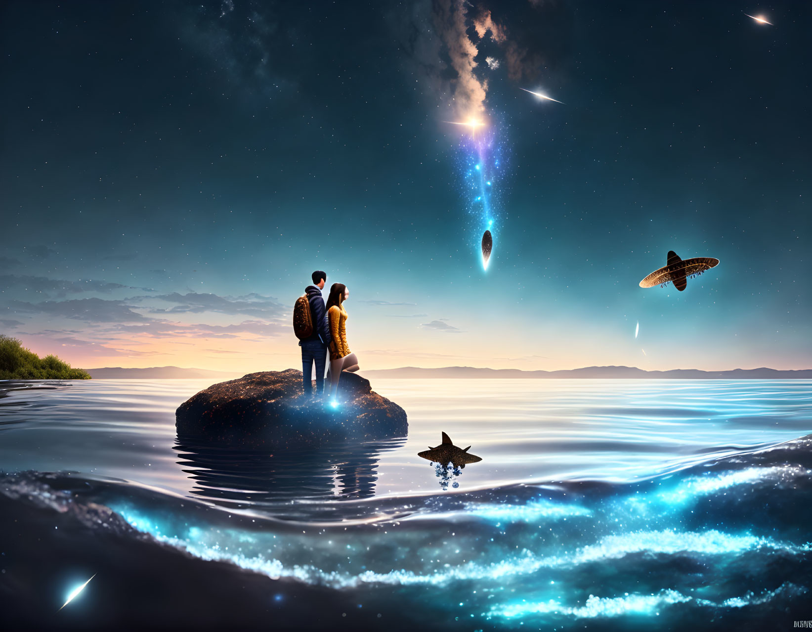 Two individuals on ocean rock witness surreal night sky with comets, glowing sea creatures, and UFO.