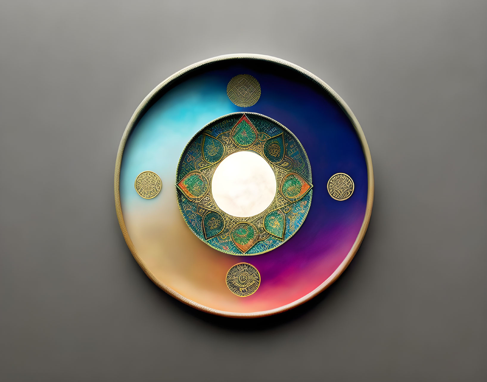 Colorful Iridescent Plate with Gold Patterns and White Circular Motif