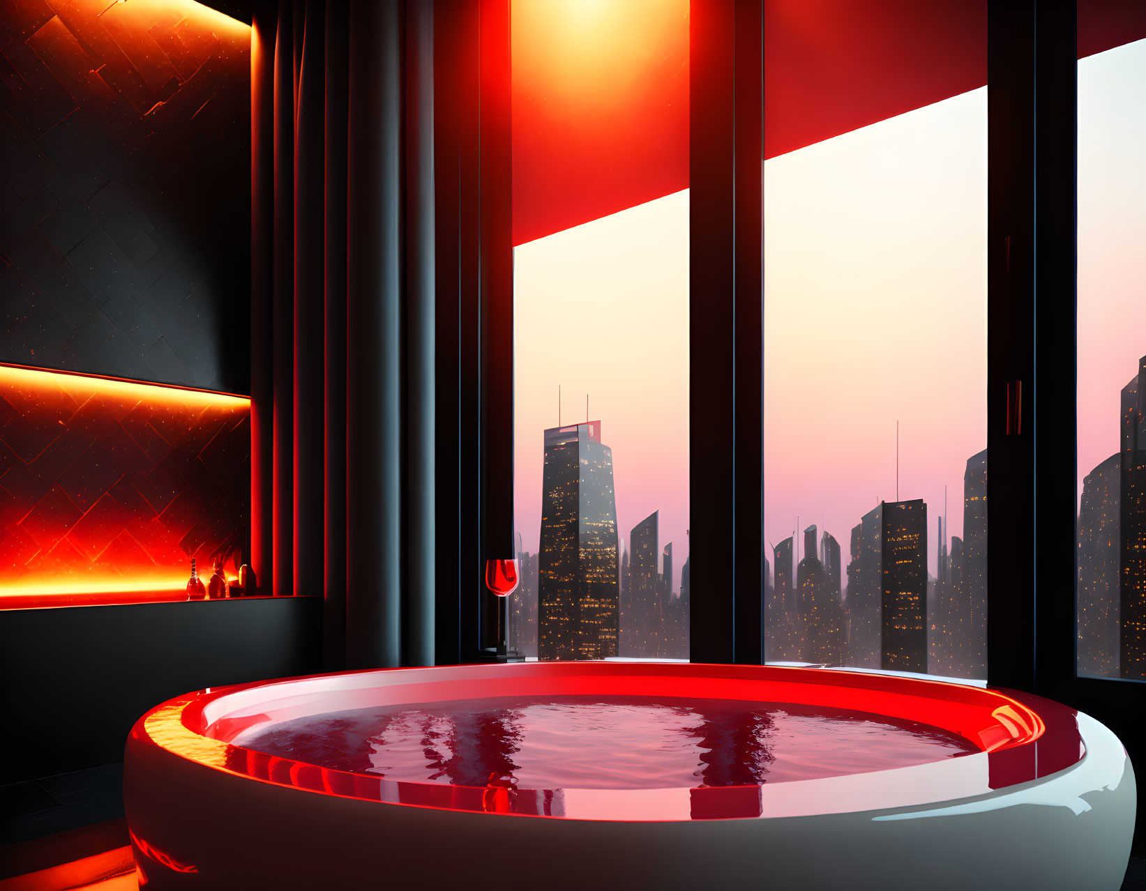 Modern bathtub with panoramic city view at sunset