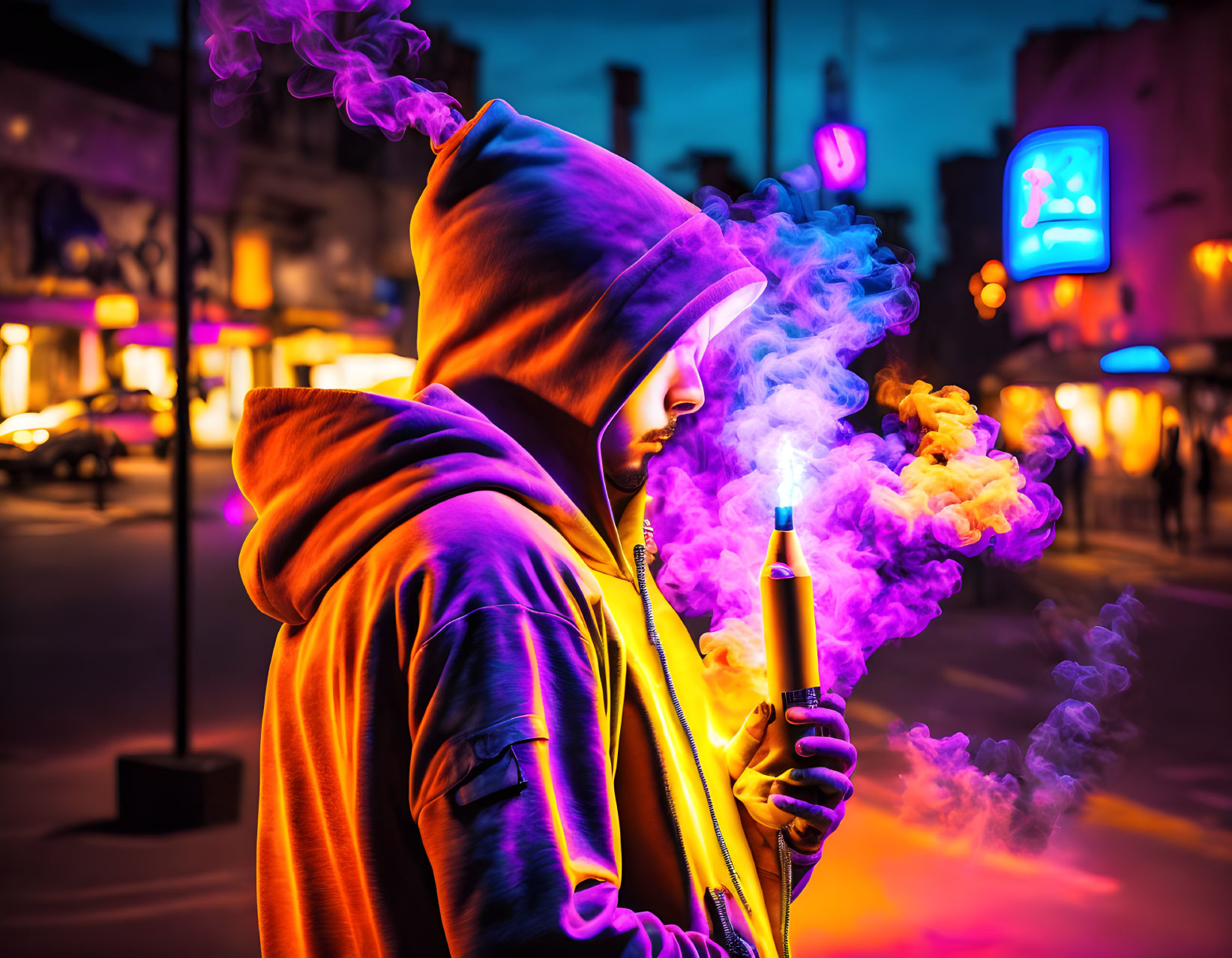 Person in hoodie exhales colorful vape smoke on neon-lit street