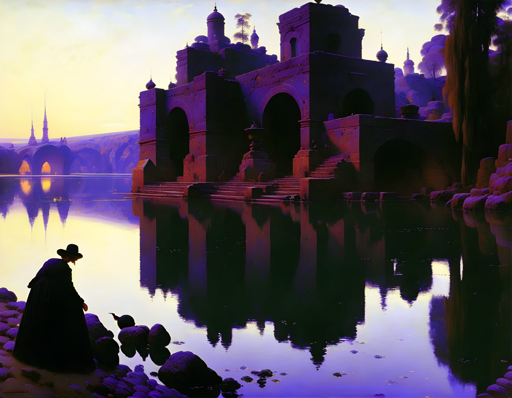 Twilight scene with silhouetted figure by reflective lake and Eastern-style architecture