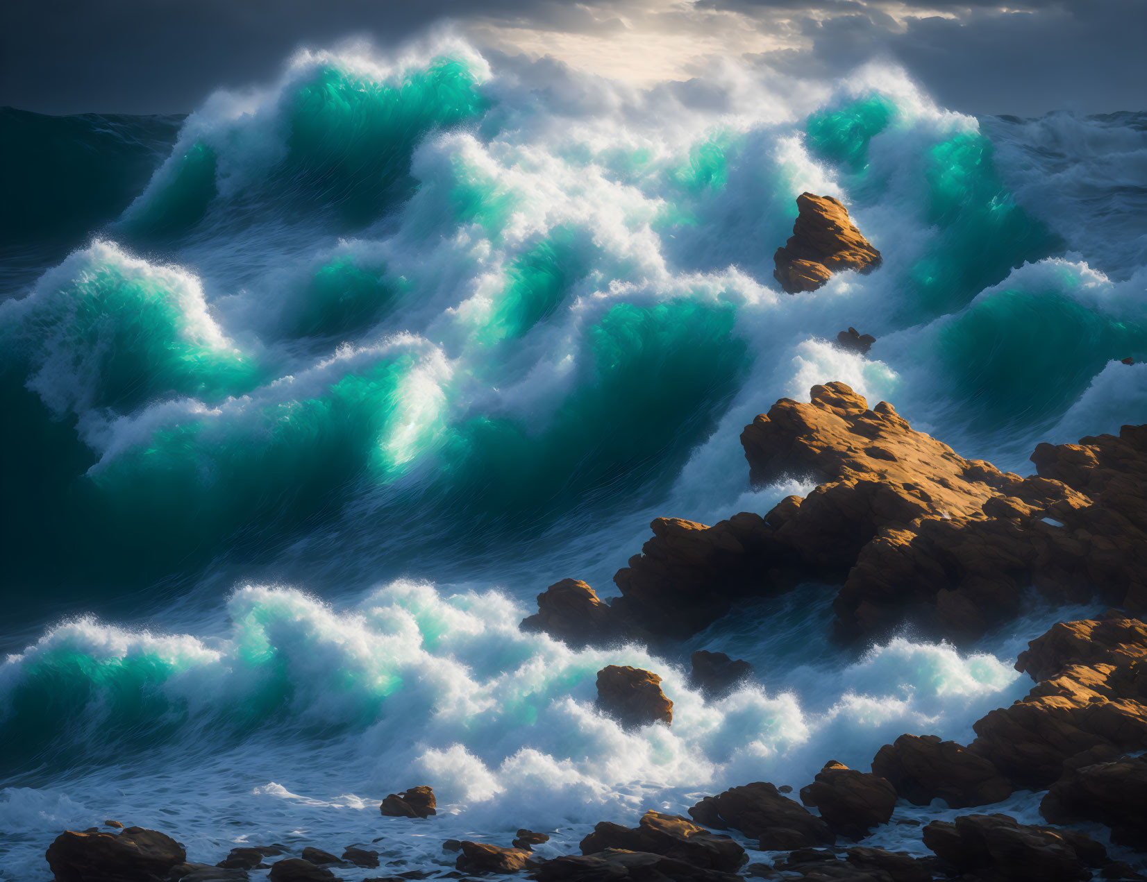 Teal waves crashing on rocky coastline in sunlight