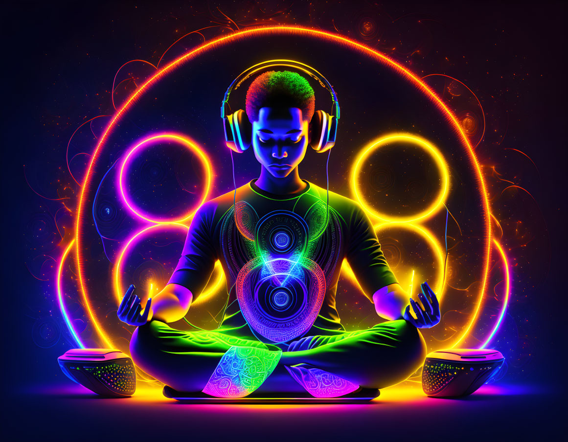 Digital Art: Person Meditating with Headphones in Neon Futuristic Setting