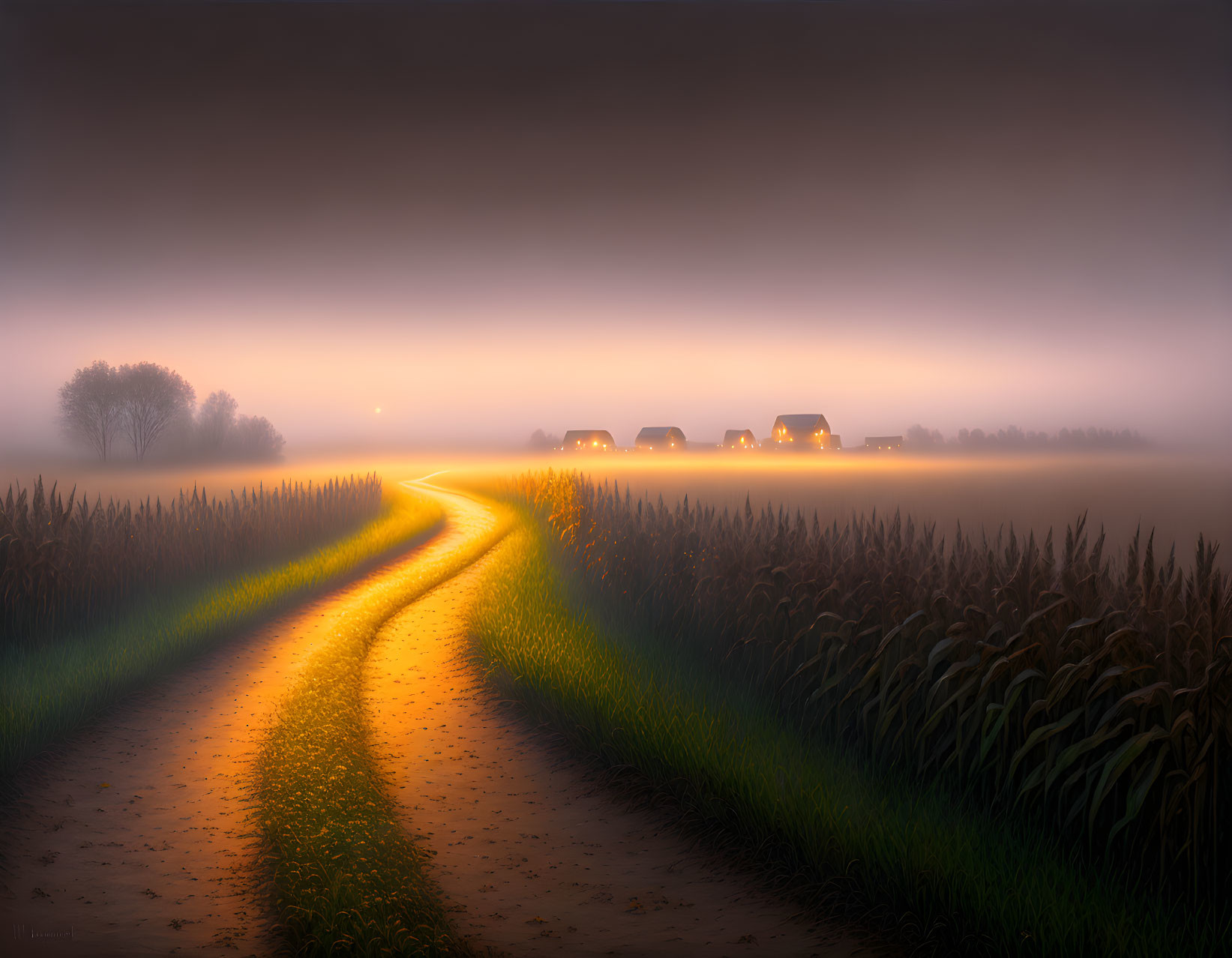 Golden-lit dirt path winds through misty, dusky landscape