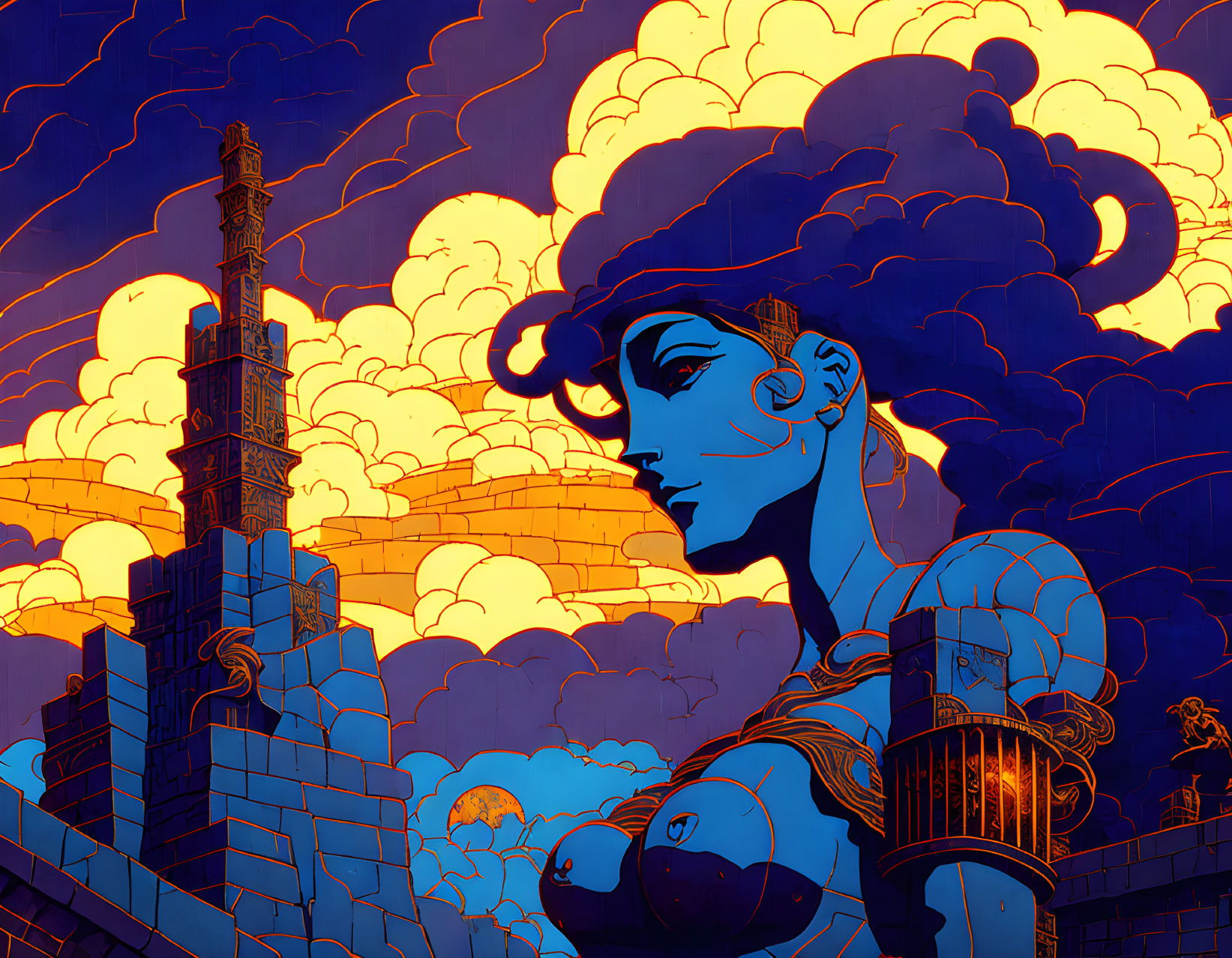 Futuristic woman with elaborate headgear in blue and orange backdrop