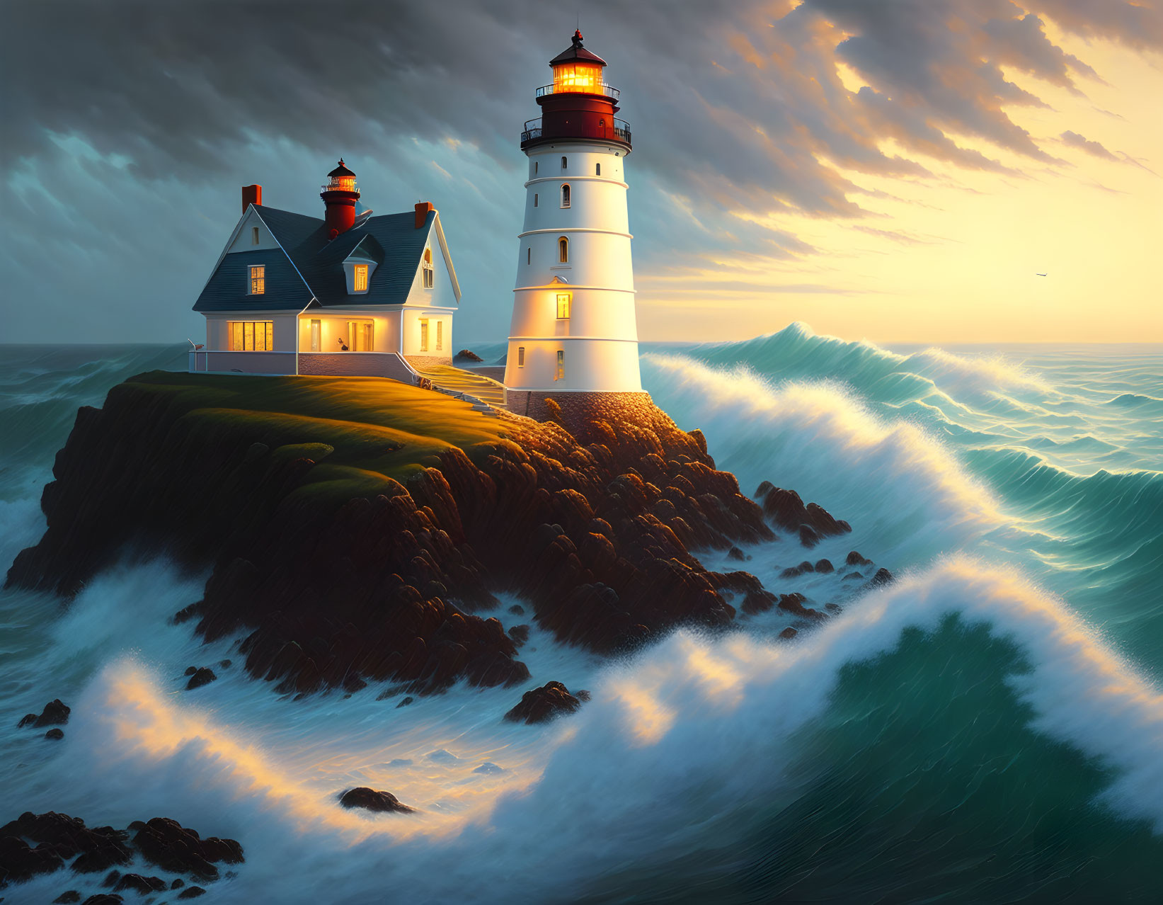 Luminous lighthouse and house on rugged cliff at sunset