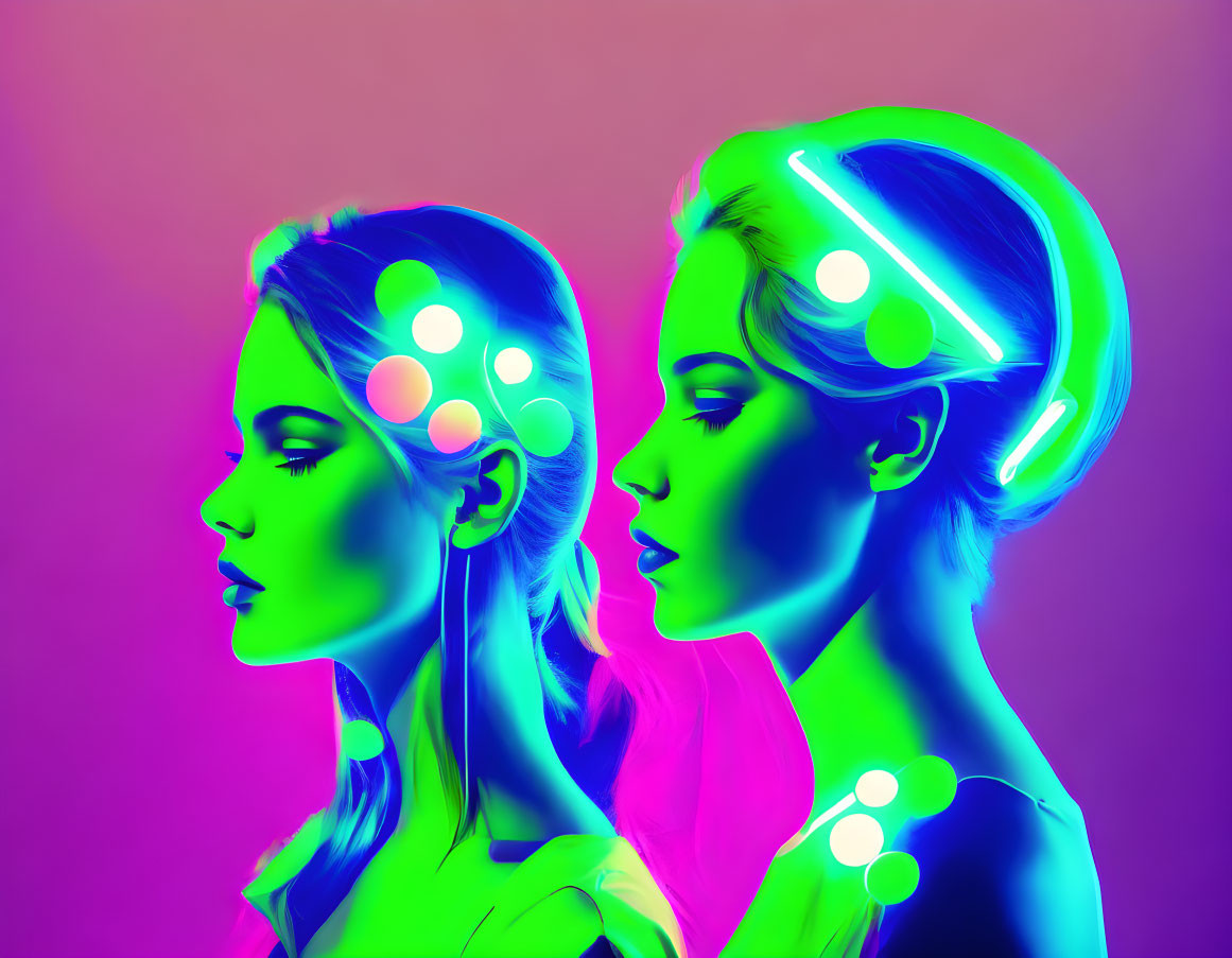 Women in profile with neon colors and glowing headphones.