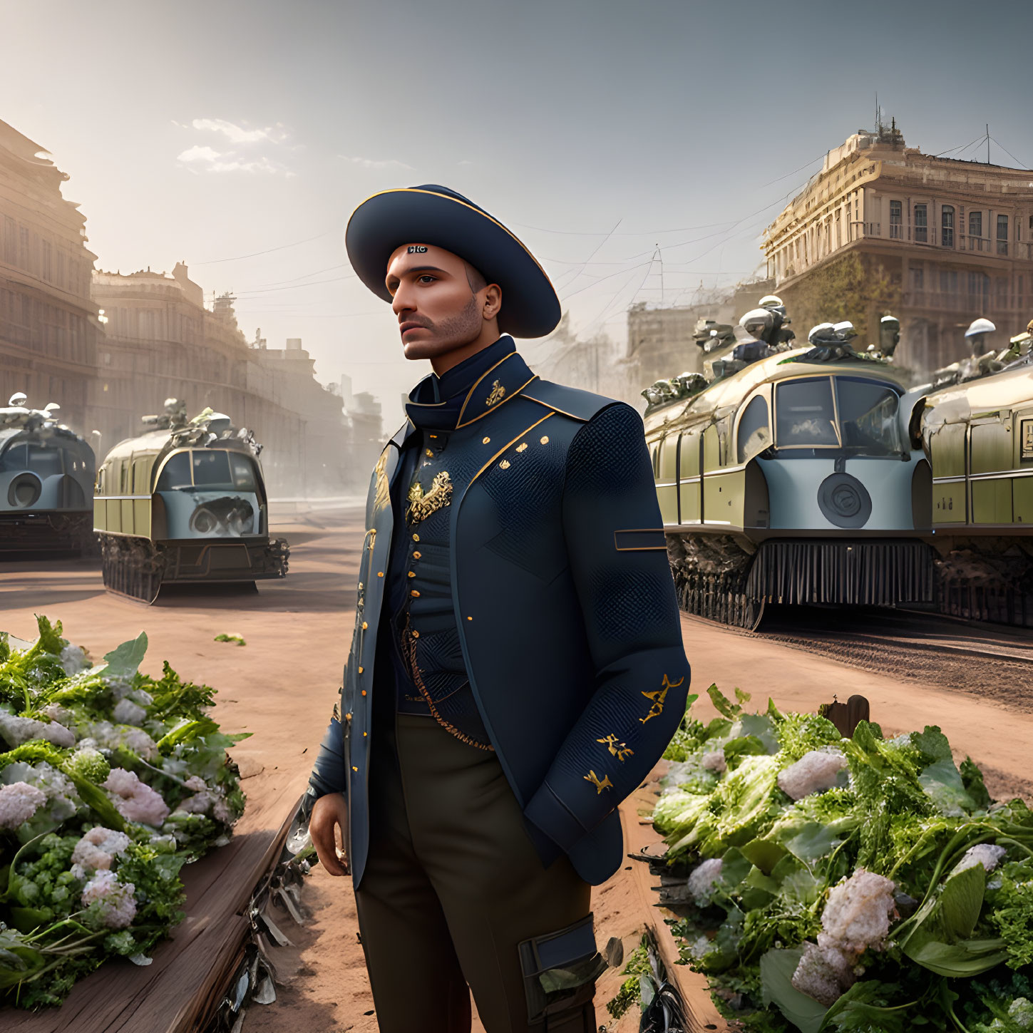 Decorative military uniform man in historic city square with green trains and flowerbeds