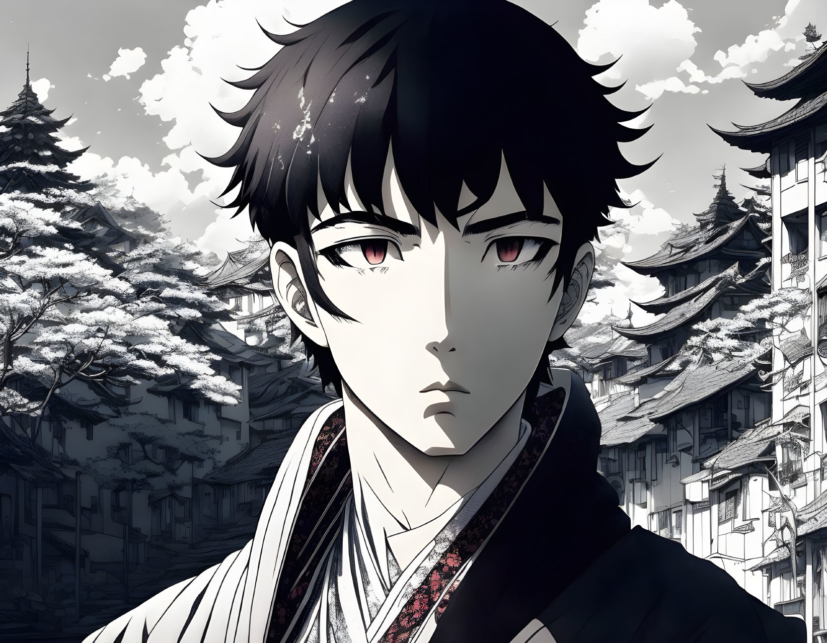 Dark-Haired Anime Character in Traditional Attire on Monochrome Asian Background