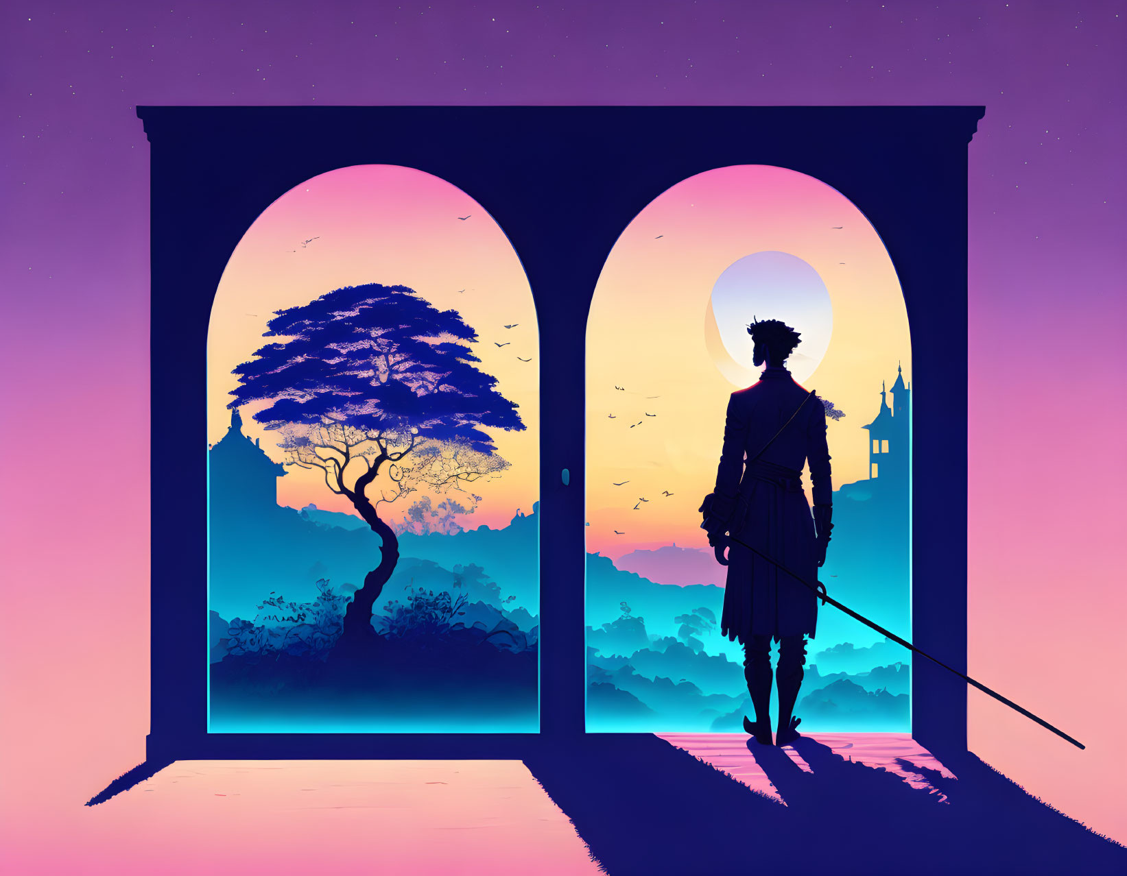 Silhouette of a person with sword in arched doorway at sunset