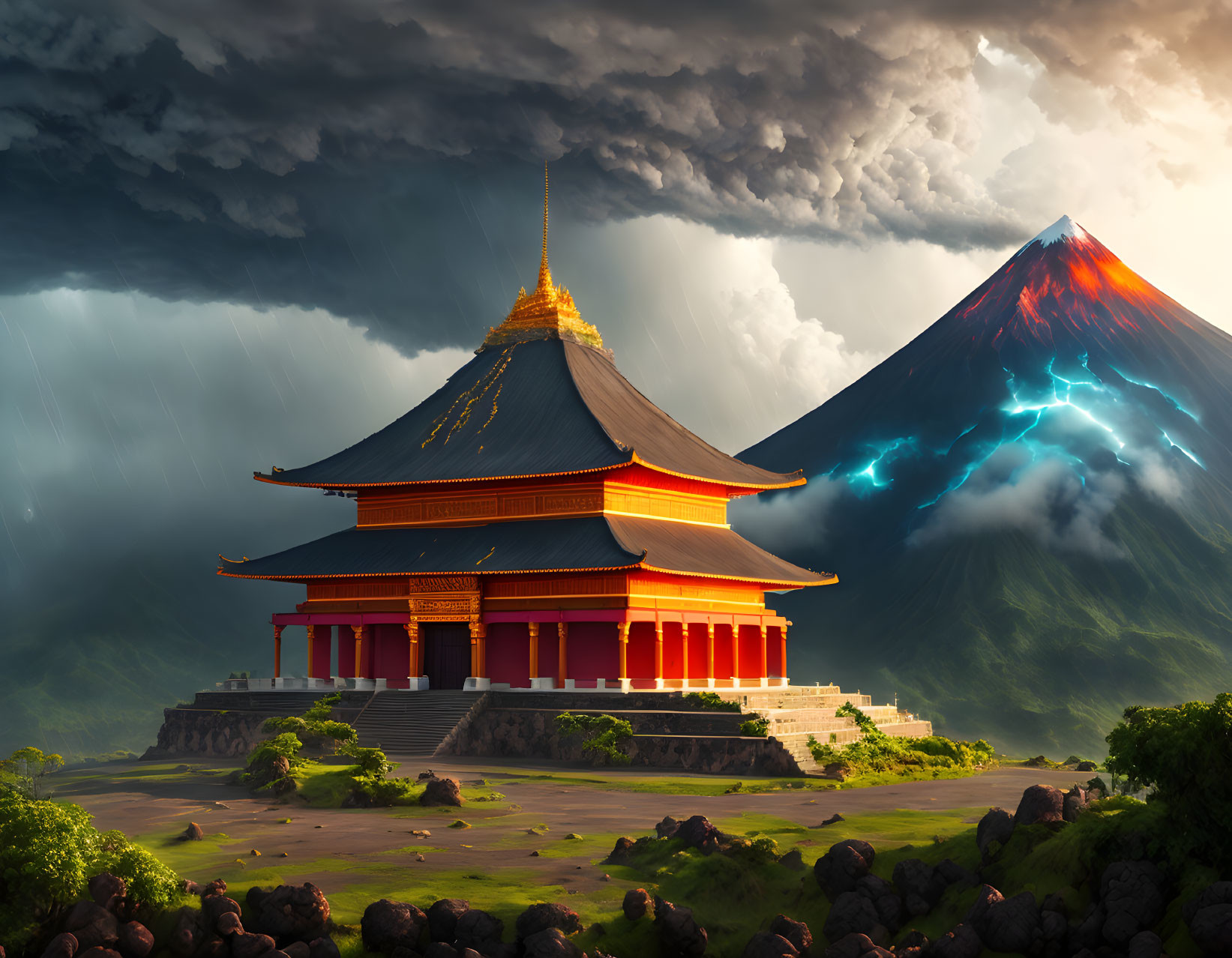 Traditional Temple with Golden Roof Amid Volcano and Stormy Sky