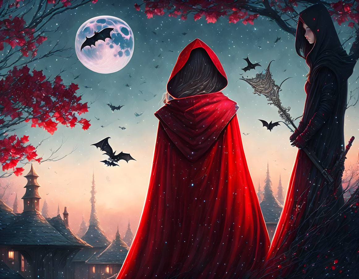 Mystical forest scene with cloaked figures, red foliage, full moon, and bats