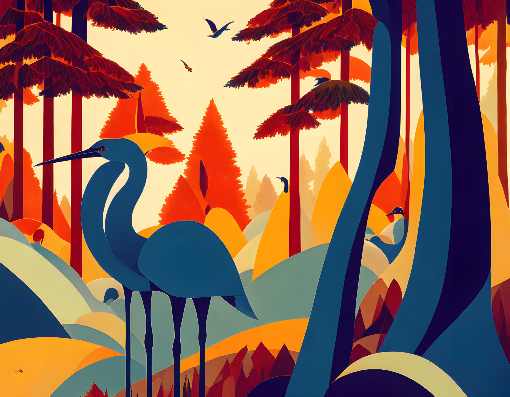 Forest illustration with orange and blue tones and heron, animals among trees