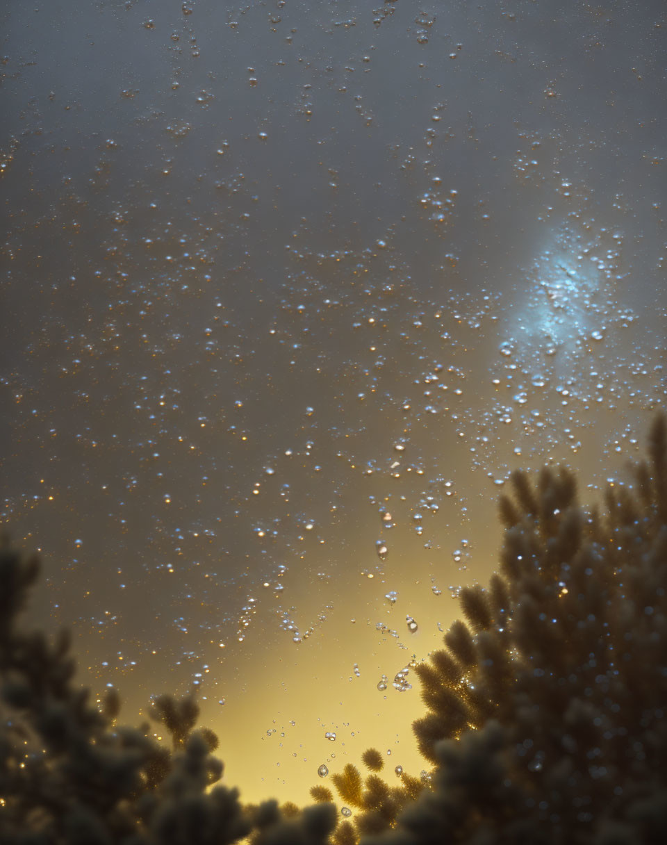 Raindrops on window with warm glow and silhouetted pine branches against dusky sky