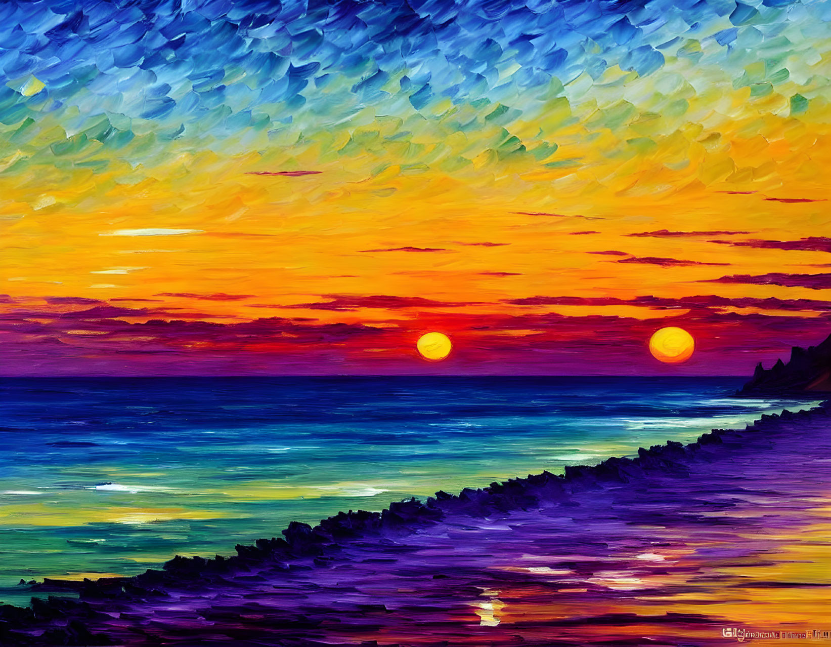 Dual sunset over ocean with vibrant colors and impasto texture