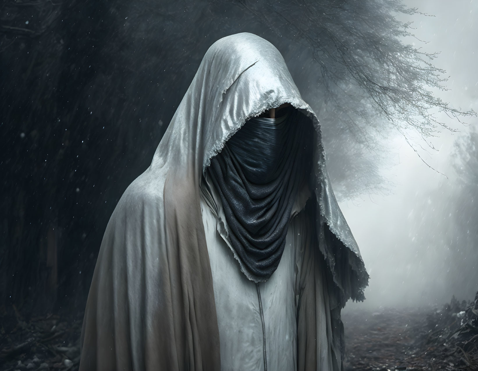 Mysterious figure in hooded cloak in foggy forest