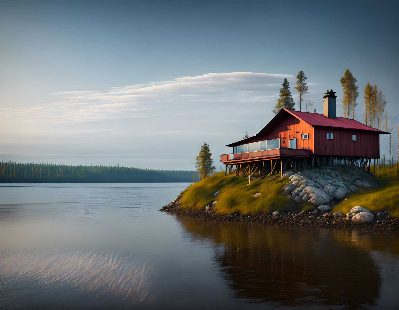 Tranquil lakeside with red cabin, rocks, calm waters, and twilight forest