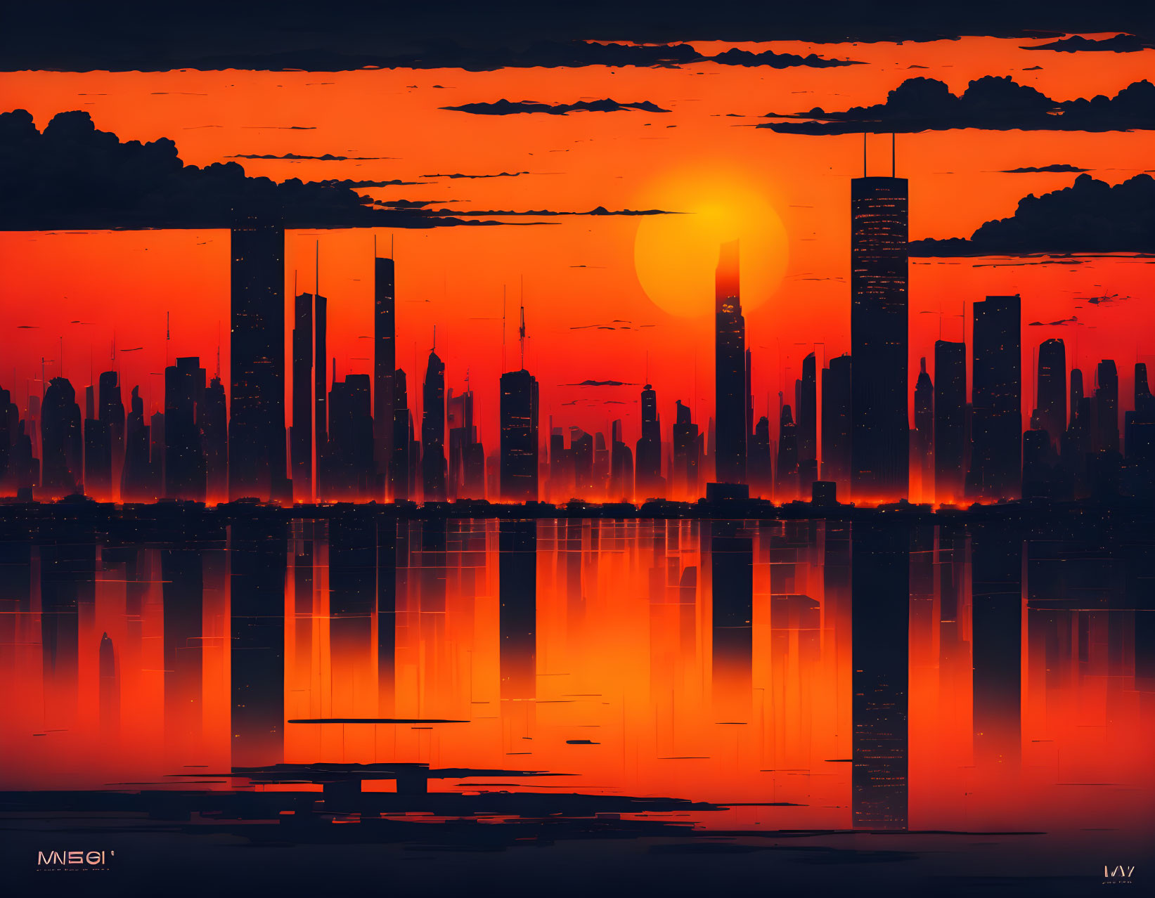 City skyline sunset with skyscraper silhouettes and water reflections in red and orange hues