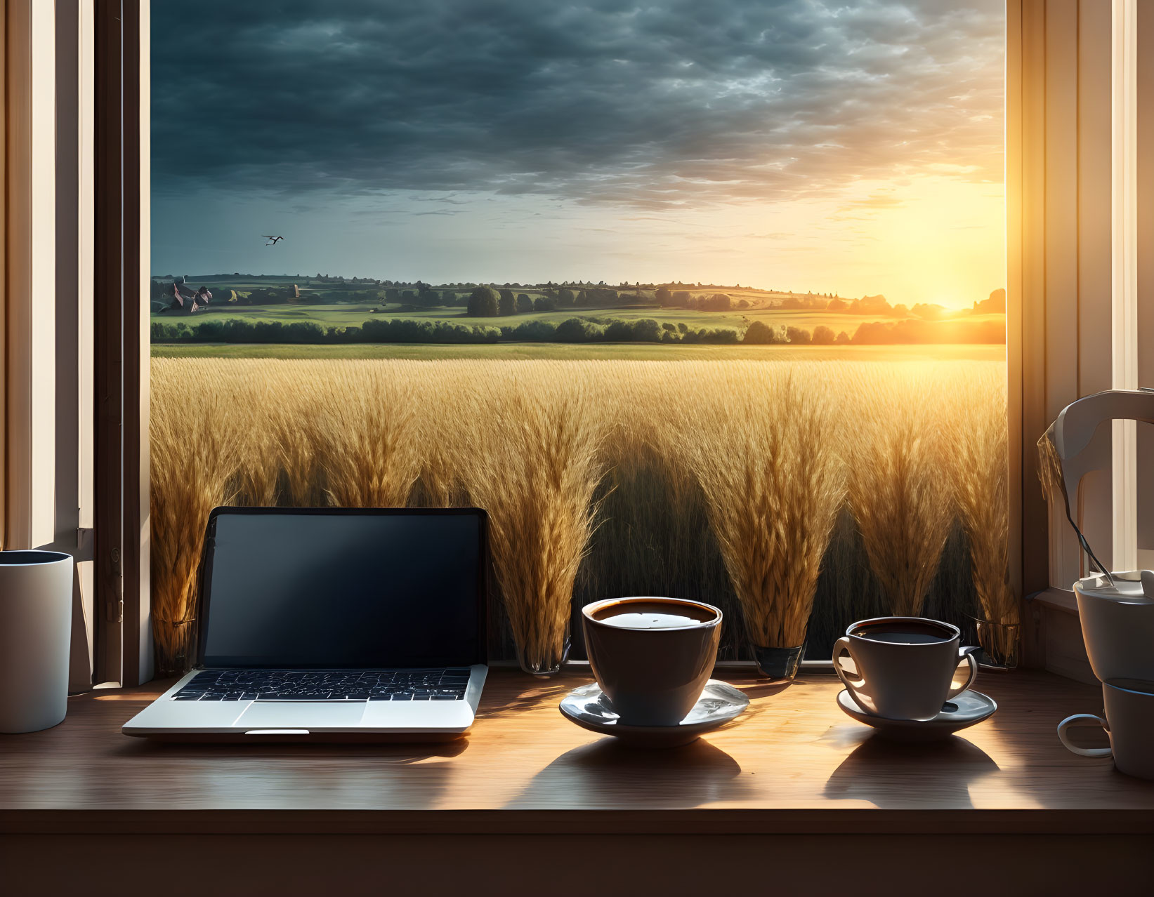 Tranquil workspace with laptop, coffee, and sunset wheat field view