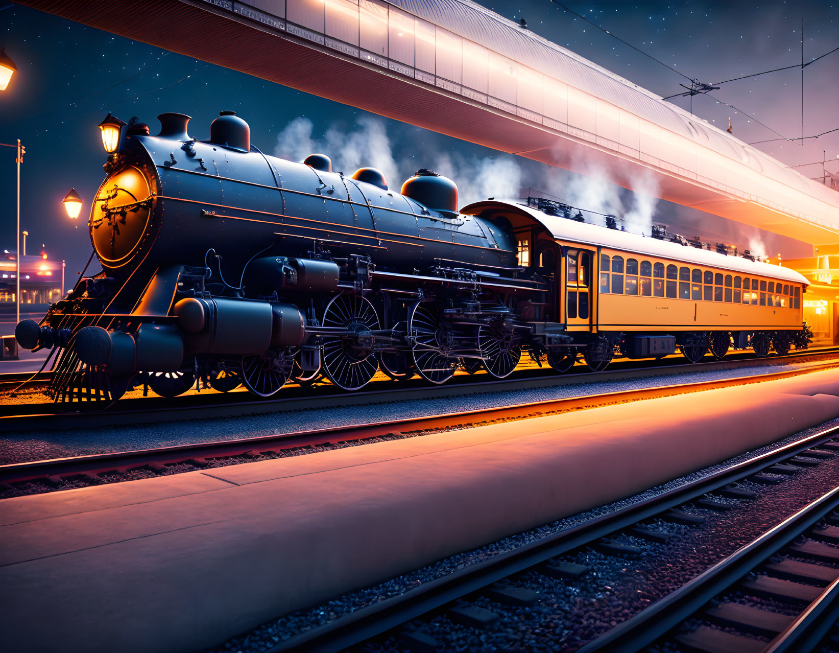 Vintage Steam Locomotive at Station Dusk Scene