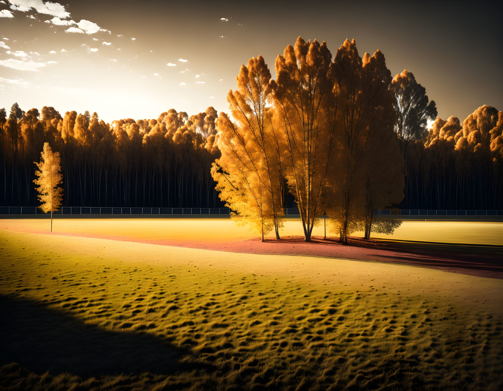 Sunset casting long shadows on a grassy field with autumn trees - serene ambiance