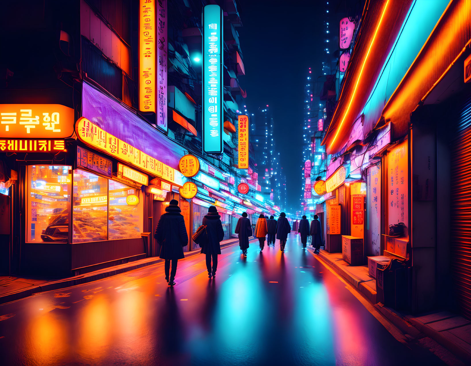 Vibrant neon-lit city street at night with diverse pedestrians