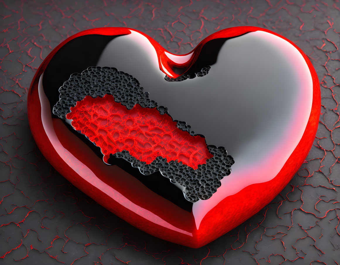 Red and Black Heart with Honeycomb Pattern on Dark Background