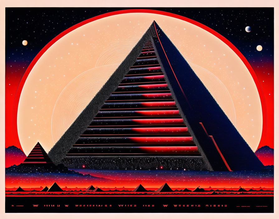 Stylized artwork of large pyramid with glowing core, red moon, smaller pyramids, and star