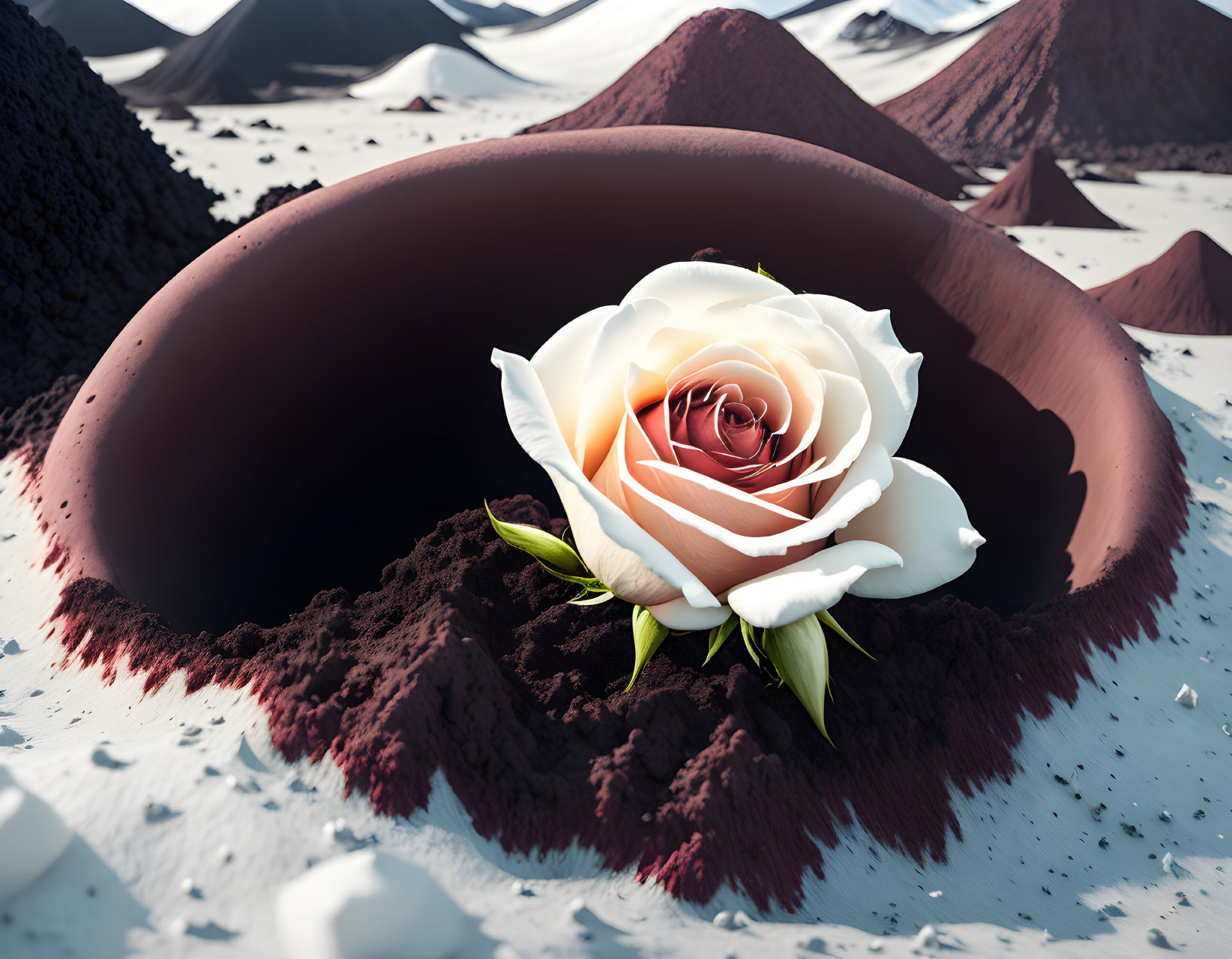 Surreal landscape with giant rose in volcanic crater