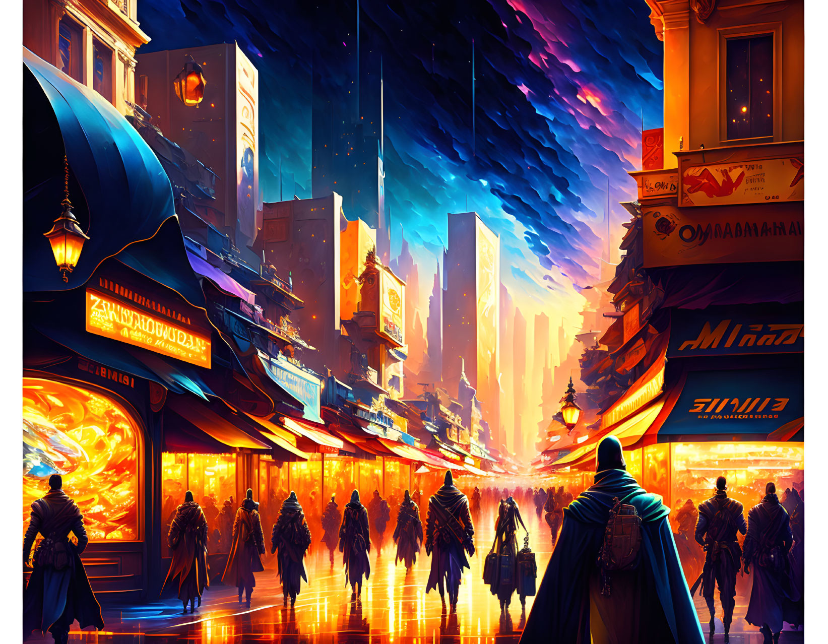 Futuristic city street at dusk with neon signs and cloaked figure.