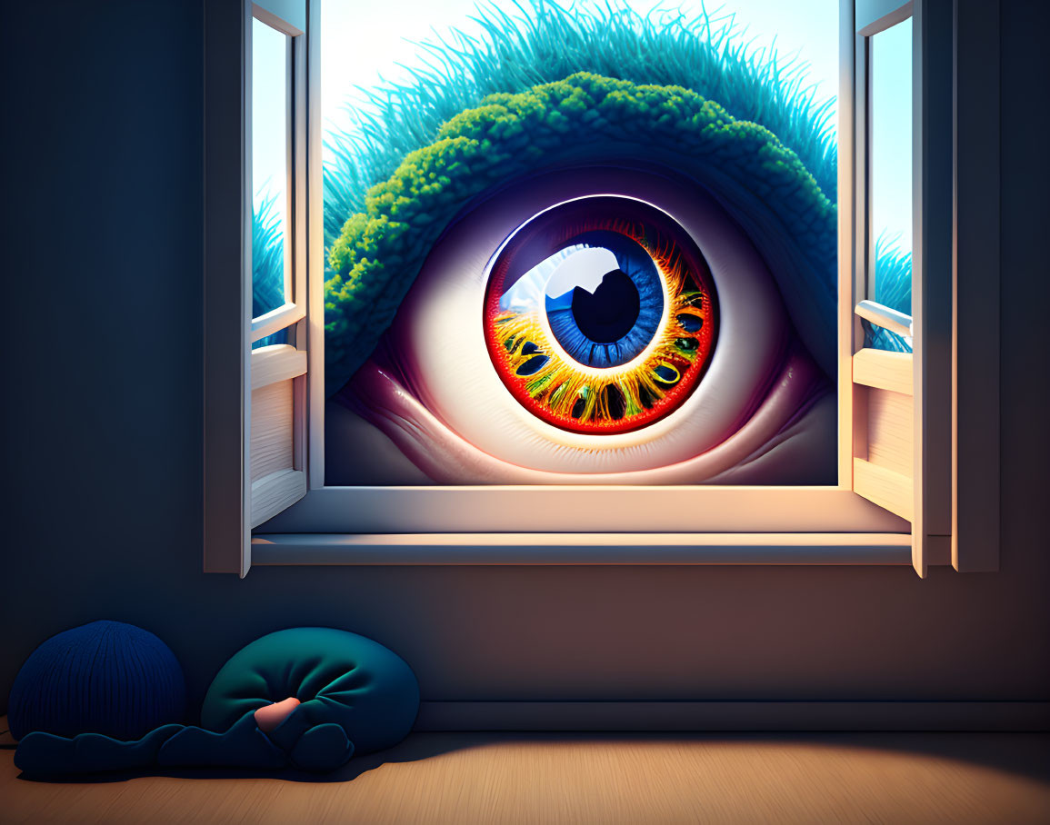 Surreal artwork of giant eye at window in dark room