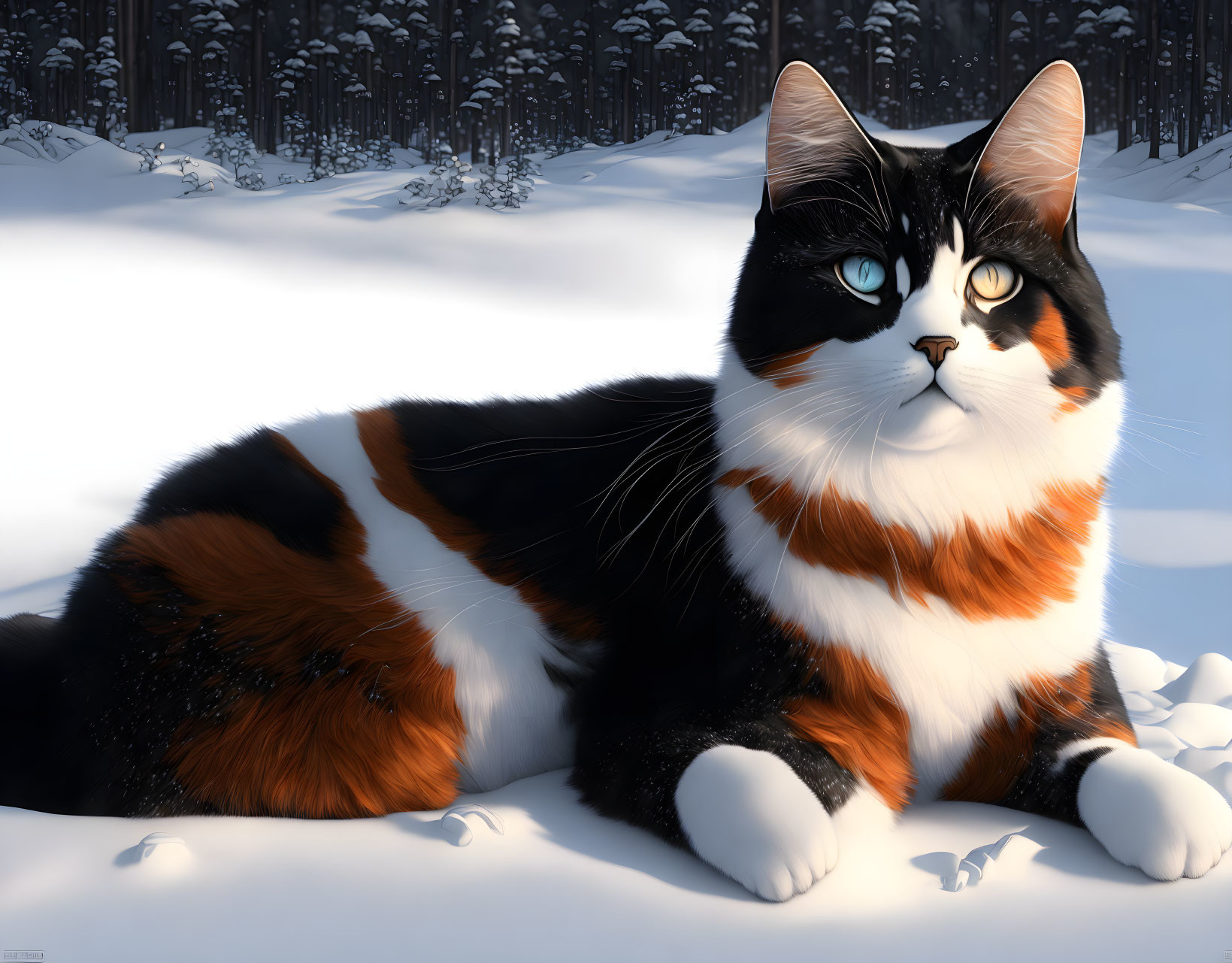 Calico Cat with Blue Eyes in Snowy Forest Setting