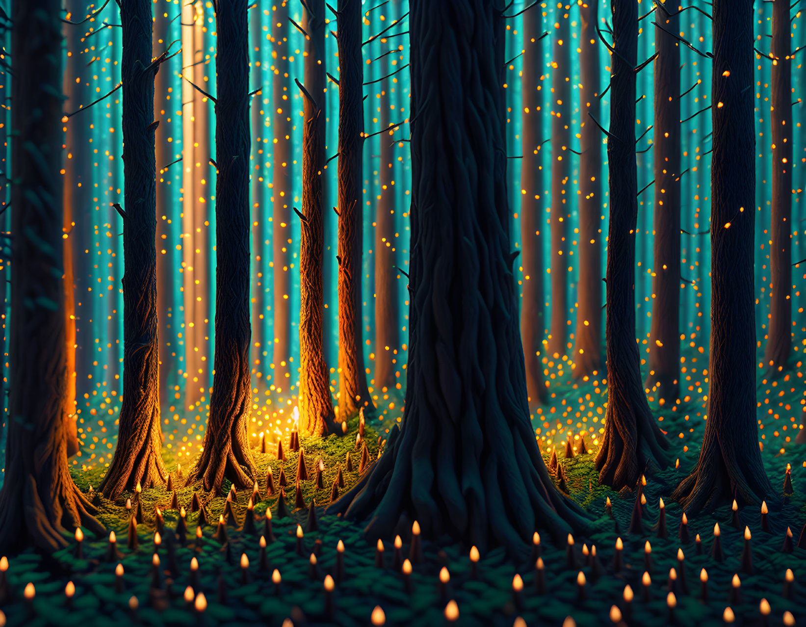 Magical twilight forest with tall trees and fireflies