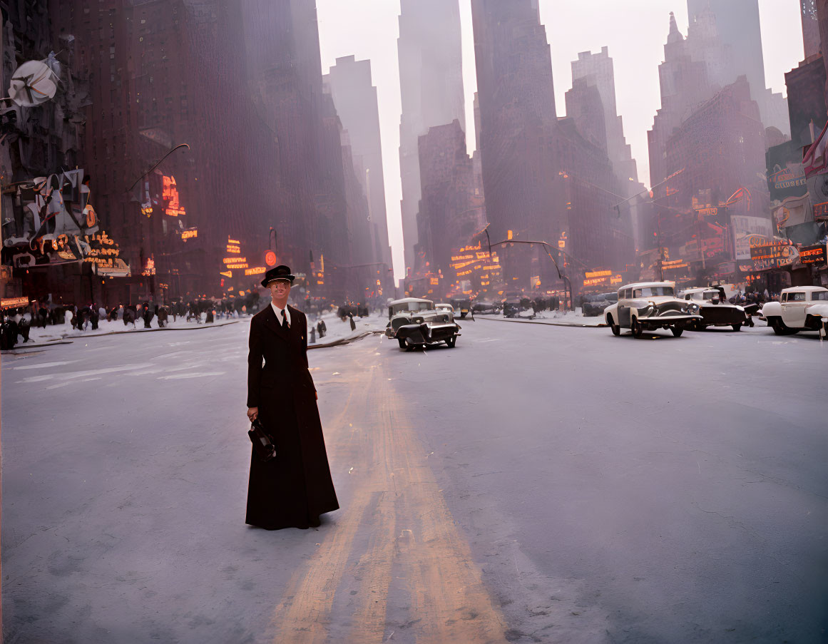 Vintage-dressed woman on city street with old cars and neon signs.