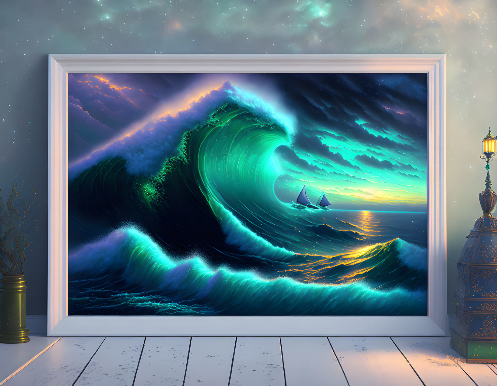 Surreal image: massive wave, sailboat in picture frame, starry sky at dawn/d