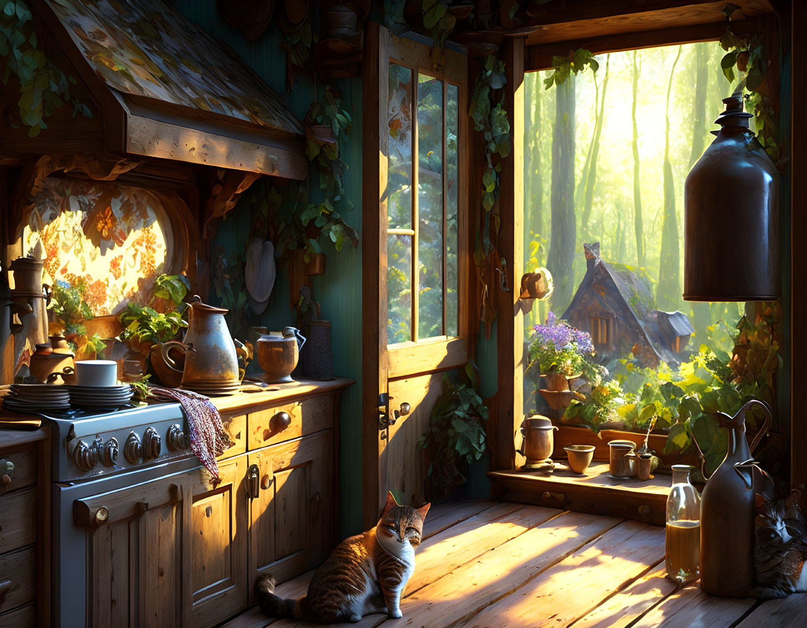 Sunlit cottage kitchen with plants, cat, utensils, and forest view