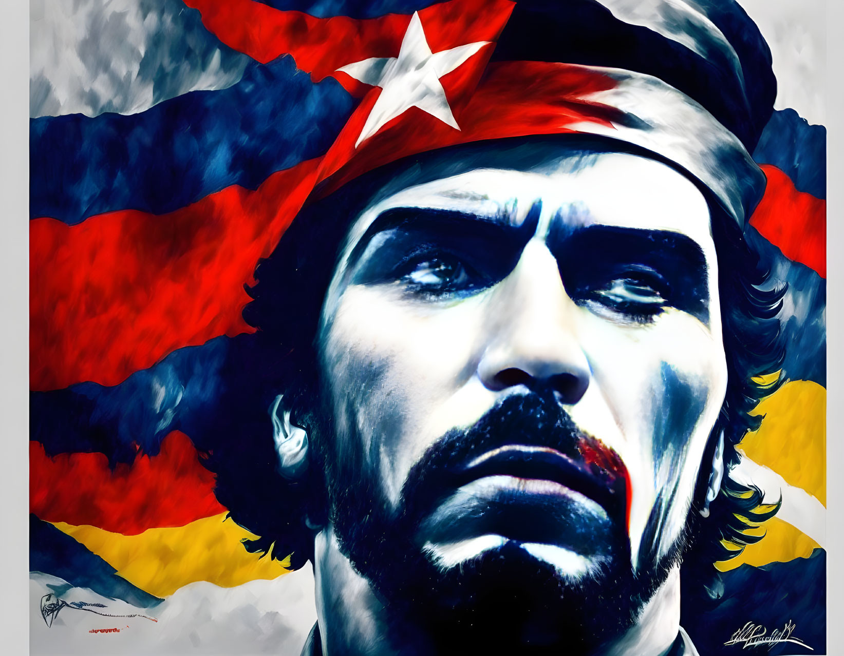 Colorful painting of a man in beret with Cuban flag colors